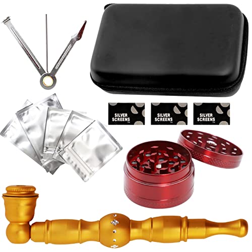 Tobacco Pipe Set, Tobacco Pipe, Grinding Tool, Pipe Bag, Scraper Tool, Pipe Screens, etc... (Gold)