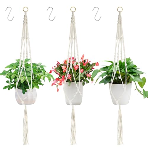 3 Piezas Colgadores de Macramé para Plantas 105cm, Cuerda de Algodón para Macetas con 3 Ganchos, Cesta Colgante Boho, para Colgar en Interiores, Exteriores, Jardín, Salón, Balcón, Ventana, Balcones
