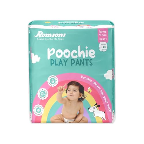 Image of Romsons Poochie Play Pants Baby Diapers - L (62 Pieces) | Suitable for 9-11 KG | 360 Comfort Fit and Leakproof Upto 10 Hrs.