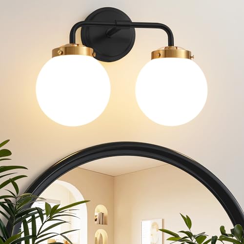 Image of Bathroom Light Fixtures 14in 2-Light Black Gold Vanity Lights for Mirror | Bathroom Lighting Fixtures over Mirror, ETL, Brushed Brass Wall Sconce, Dimmable E12 Base Max 60W, Milky Glass Ball Shades