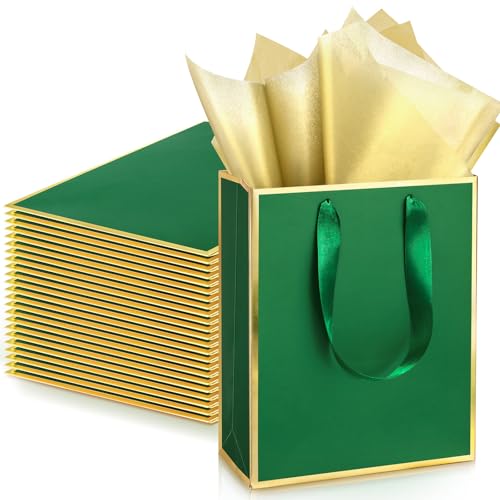Image of Yeaqee 24 Pack Metallic Paper Gift Bag with Tissue, Green Gold
