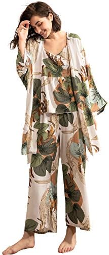 WDIRARA Women's 3 pcs Sleepwear Leaf Print Cami and Pants Pajama Set with Robe Multicolor L