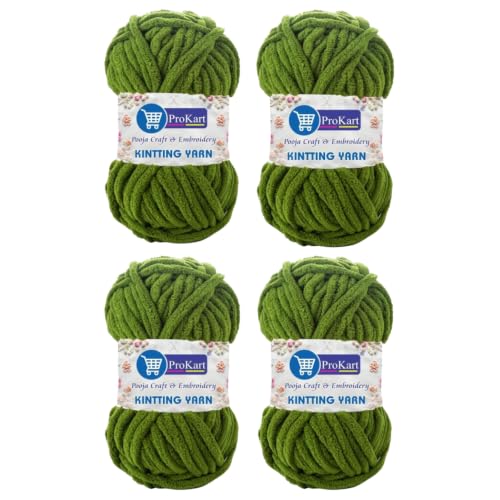 Image of ProKart Premium Blankie Wool, Plush & Cuddly, Chenille Yarn Supersoft Hand Knitting Wool Ball | Blanket Thick /Mottu Yarn Ball Suitable for Hand Knitting and Crocheting for Baby, Adult, Sweaters, caps, Throws, Home Furnishing, Scarves, Blankets (Green, 100gms x 4 Pack)