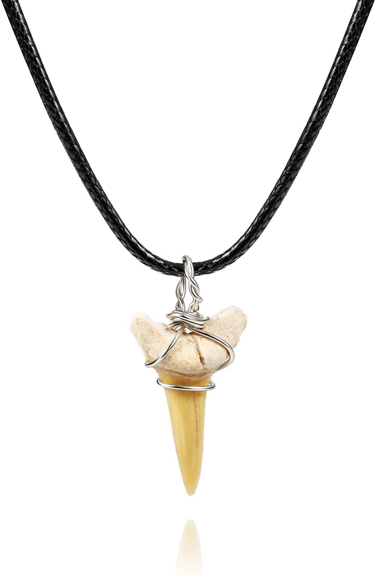 Shark Tooth Necklace for Men Boys, Genuine Fossil Shark Teeth Jewelry,Surfer Necklace Cool Beach Necklaces for Men, Teen Girls Leather Cord Shark Necklace, Shark Tooth Pendant Neckless