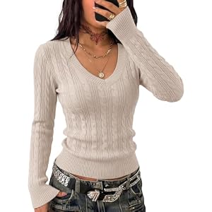 Rapbin Sweaters for Women Cable Knit Long Sleeve V Neck Slim Fit Pullover