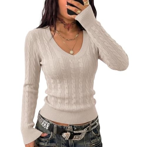 Rapbin Sweaters for Women Cable Knit Long Sleeve V Neck Slim Fit Pullover