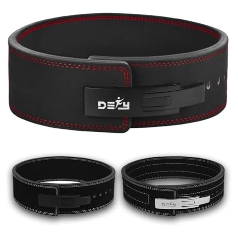 DEFY Power Lifting Belt Lever Buckle Genuine Leather 10MM Gym Training Exercise Belt Black/Red (Large) Cover