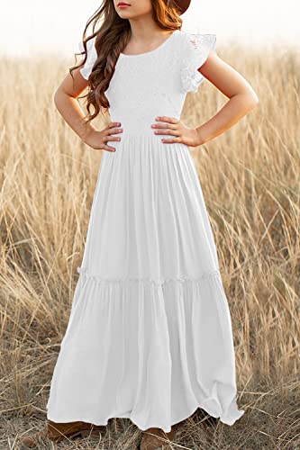 Mitilly Girls Lace Flower Ruffle Sleeve A-Line Swing Wedding Party Long Maxi Dress With Pockets 12 Years White #TOP1