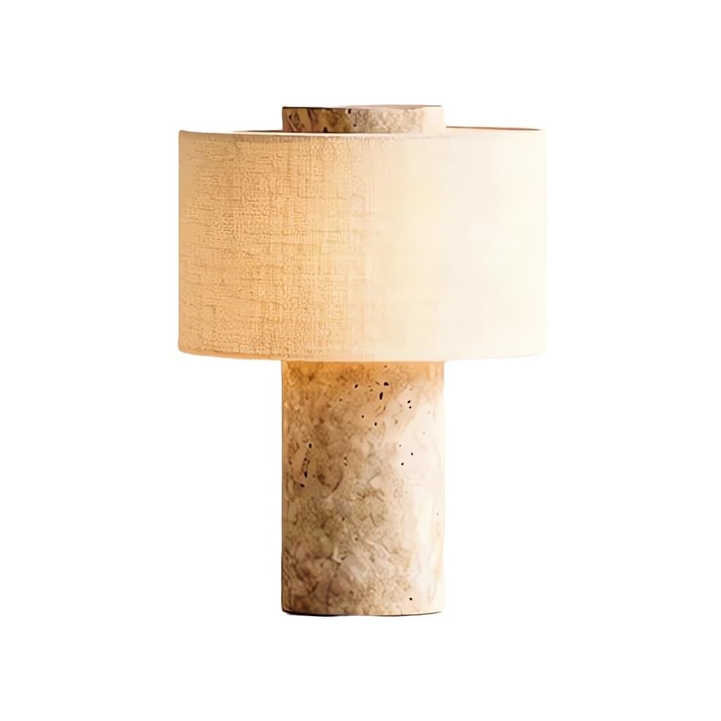 Lámpara de mesa de mármol, lámpara de escritorio de piedra natural y tela, decoración sencilla de lujo for habitación, lámpara de mesita de noche for dormitorio, sala de estar(Travertine,Plug-in)