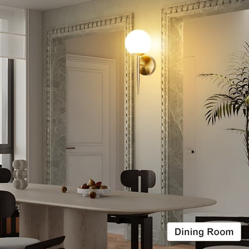 Image of Modern Gold Globe Wall Sconce Decor Set of 2, Industrial Mid Century Bathroom Vanity Wall Light with White Globe Glass Shade Brushed Brass Wall Lamp for Restaurant Living Room Bedside Stairs