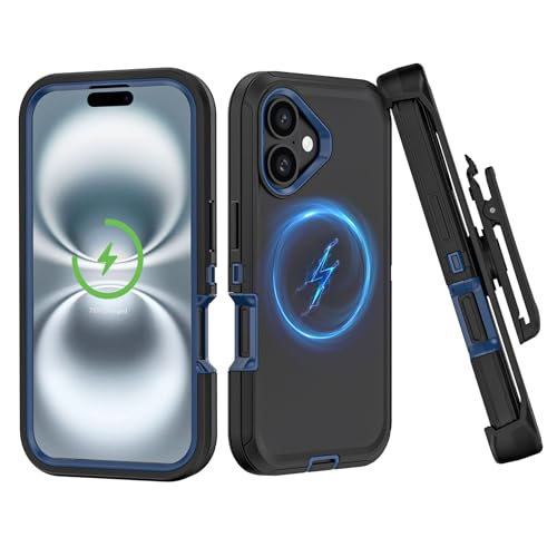 TMIDVFV Compatible with iPhone 16 Case, with Belt Clip Holster Heavy Duty Rugged Shockproof Magnetic Wireless Charging Full Body Protection Kickstand Cover for iPhone 16 6.1 inch Phone (Black+Blue)