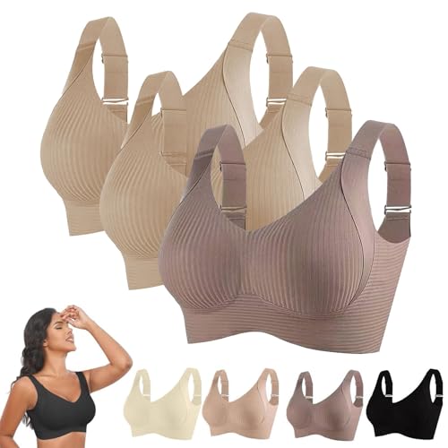 3 Piezas Sujetador Sin Aros Mujer Suave 2025 Sujetadores De Forma Seamless Ligero Base Top Corsé Espalda Desnuda Push Up Sujetador Lactancia Cómodo Bra Gimnasia Correas Ajustables, Beige+beige+café
