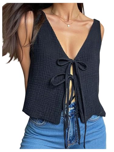 SOLY HUX Women's Bow Tie Front Sweater Vest Y2k V Neck Sleeveless Knit Going Out Tank Tops