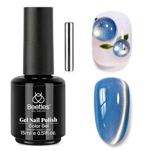 Image of Beetles Blue Cat Eye Gel Nail Polish - Frosted Sapphire Cat Eye Gel Polish, 15ML Gold Powder Blue Glitter Gel Polish Magnetic Shimmer Effect Soak Off UV Nail Art Design Manicure Gifts for Women