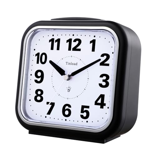 Image of Tinload 5.5 inch Large No Ticking Analog Alarm Clock,Silent Readable for Seniors,Easy to Set,Gradual Rise Alarm,Big Numbers,Gentle Wake,Snooze, Lighted on Demand,Battery Operated,Black