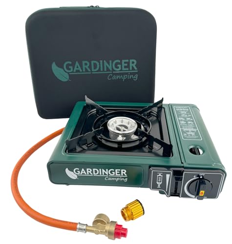 GARDINGER einflammiger universal-Kartuschen Kocher Camp Allgas mit Piezozündung + Adapter-Schlauch + hochwertiger...