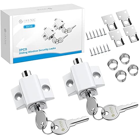 eSynic 2Pack Durable Sliding Window Door Lock Sliding Patio Door Catches Set Window Bolt Sliding Security Locks with 4 Universal Keys Door Window Locks for Home Office Classroom Safety- White Cover