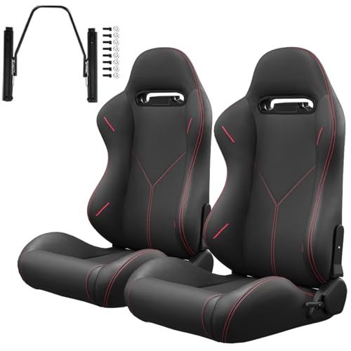 Hmluxury 2 Pieces Universal Bucket Racing Seats, PVC Leather Bucket Seats with Dual Sliders, Reclinable Carbon Look for Driver and Passenger Side (Black B)