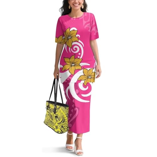 Image of Puletasi Samoan Traditional 2 Piece Outfits for Women Short Sleeve Crop Top and Maxi Skirt Sets Puletasi Dress