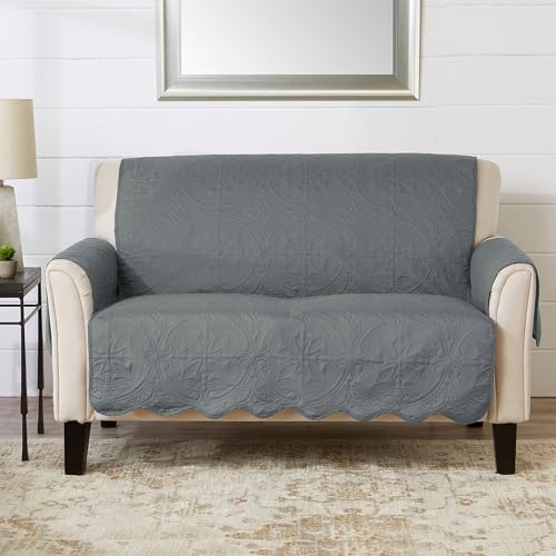 Image of Great Bay Home Reversible Loveseat Cover - Washable Slipcover Furniture Protector with Elastic Straps - Perfect for Kids & Pets - Quilted & Stitched Detail (Mirage Gray /Flax)