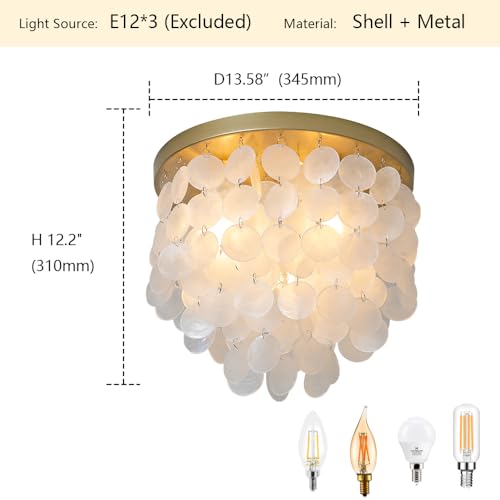 JC TOPA 3-Lights Capiz Shell Ceiling Light Fixtures, Gold Boho Flush Mount Ceiling Light for Living Room, Bedroom, Kitchen Island, Foyer, Entryway, Seashell Coastal - Image 2