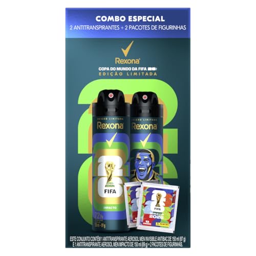 Kit Rexona Men Antitranspirante Aerossol Impacto + Invisible Antibac 150ml + 2 Pacotes de Figurinhas - Edição Limitada Copa do Mundo da FIFA 26