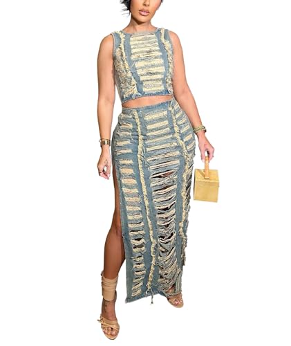 SEMATOMALA Women's Jeans Skirt Two Piece Outfits Ripped Distressed Hollow Out Crop Tank Tops and Split Maxi Skirts Set3