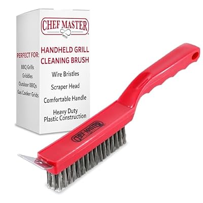 Chef Master 90044 Grill Brush | Handheld Small Grill Cleaning Brush | 2 in 1 | Wire Bristles | Scraper Head | Comfortable Handle | Heavy Duty Plastic Construction