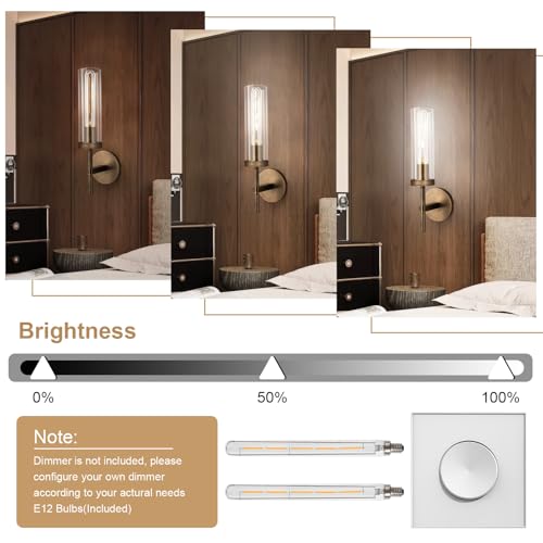 Image of Bronze Wall Sconces Set of Two with White Light, 15'' Brushed Brass Knurled Bathroom Vanity Light with Clear Glass for Living Room Mirror Bedroom Stairs