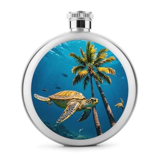 Stainless Steel Wine Bottle Liquor Container Palm Trees And Sea Turtles Diving Underwater Print Leak Proof Hip Flask Durable for Camping Hiking Travel Festivals