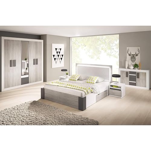Hellios III - Chambre à Coucher Adulte Complète Avec lit 160x200 Avec Matelas, 2 Tables De Chevet, Commode, Armoire Avec Portes Coulissantes L:231 x H:210 x...