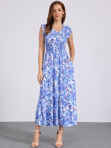 Image of Seta T Women's Summer Dresses Casual Ruffle Sleeveless V Neck Floral Sundress Flowy Smocked Beach Maxi Dress
