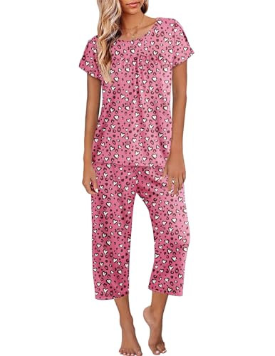 Image of Ekouaer Womens Pajama Set Short Sleeve Sleepwear Pleated Floral Pjs Set Capri Pants Lounge Sets with Pockets S-XXL