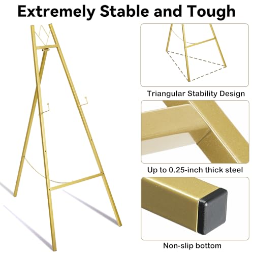 GRENTY 46.7" Gold Easel Stand for Wedding Signs – No Assembly Needed, Heavy Duty Metal Display Stand for Art, Welcome Signs, Posters, Pictures, Paintings, and Floor Décor