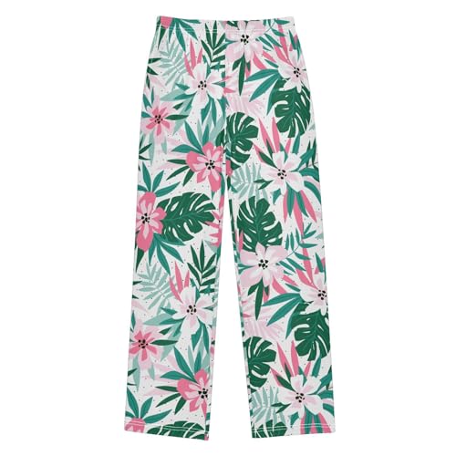 ZZXXB Hibiscus Flowers and Leaves Boys Long Pants Soft Trousers Elastic Waist Kids Lounge Bottoms with Pockets S-XL