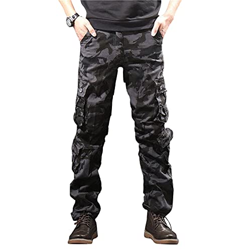 ASHER FASHION Men's Camo Hiking Cargo Pants, Climbing Fishing Loose Military Tactical Work Pant with 8 Pockets