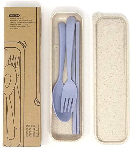 Summerdaisy 2 Sets Portable Eco-Friendly Tableware Wheat Straw Cutlery Travel Kids Adult Cutlery Fork Chopsticks Spoon Camping Picnic Set (Pink + Blue)