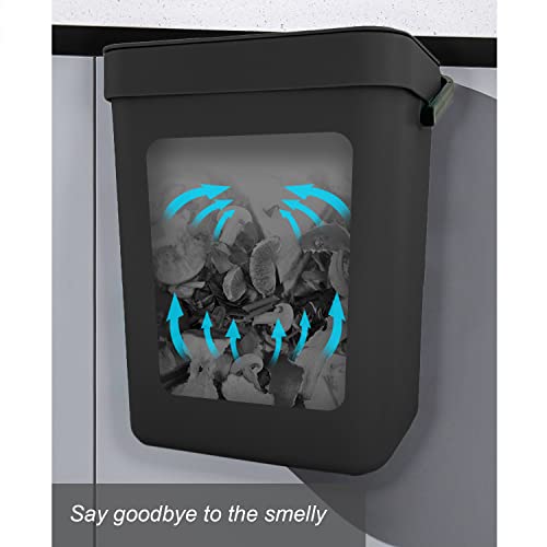 Yatmung Hanging Trash Can For Kitchen Cabinet Door With Lid - Odorless Indoor Compost Bin - Small Food Waste Bucket Countertop - Plastic, Handle - Mini Food Scrap Garbage Basket (0.8 Gal, Black) #TOP5