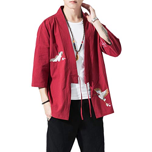 Image of PRIJOUHE Men's Kimono Jackets Cardigan Lightweight Casual Cotton Blends Linen Seven Sleeves Open Front Coat Outwear
