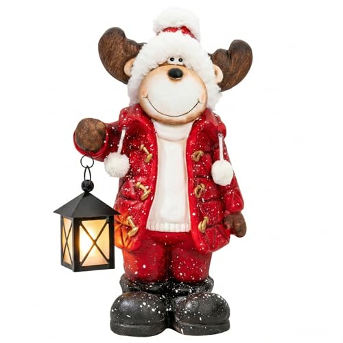 Weihnachtsdeko Figuren Groß 42cm Weihnachtsfiguren Beleuchtet Innen LED Figuren Weihnachten mit Timer Winterdeko Fensterbank Deko Figur mit Laterne Wohnzimmer Wichtel Elch Schneemann Santa Claus