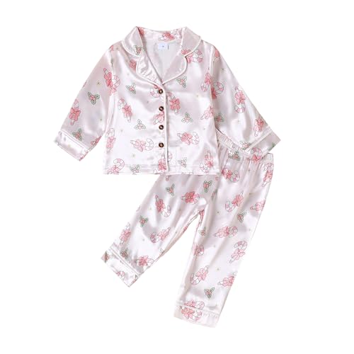 fyclemt Toddler Baby Boys Girls Silk Pajamas Set Christmas Tree Santa Button Down Shirts Pants Pjs Satin nightgown Sleepwear