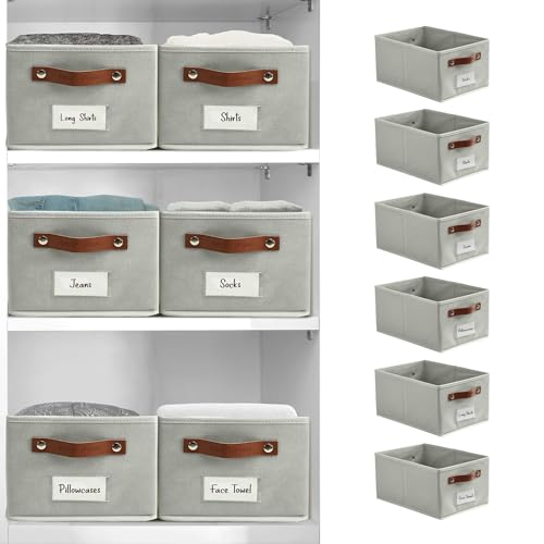 Image of DECOMOMO Closet Storage Bins | Storage Baskets for Shelves with Label Holder Linen Closet Organizer for Shelves Clothes Nursery Kids Toys (Set of 6 - Light Grey)