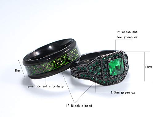 ringheart 2 Rings His and Hers Rings Black Plated Couple Rings Princess cut 6mm Green Cz Womens Wedding Ring Sets Titanium Steel Mens Wedding Bands2
