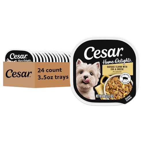 Image of Cesar Home Delights Wet Dog Food, Sausage, Egg & Cheese, 3.5 oz, 24 Count | Real meat #1 ingredient, 100% complete & balanced, easy to digest, no fillers, no artificial flavors, easy peel trays