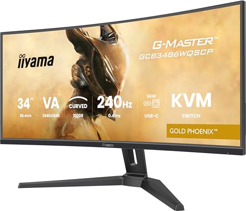 iiyama G-MASTER Gold Phoenix GCB3486WQSCP-B1 Curved 1500R 86.4cm 34“ VA LED Gaming Monitor UWQHD HDMI DP USB3.2 USB-C Dock 95W RJ45 LAN 0.4ms 240Hz KVM HDR400 FreeSync Premium PIP/PBP Höhenverstellung