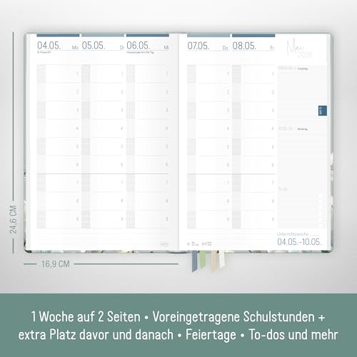 Häfft® Lehrer-Planer 2025/2026 A5 + Minty Leaves Hardcover Lehrerkalender/Schuljahresplaner mit 236 Seiten, Stickern und mehr - nachhaltig & klimafreundlich
