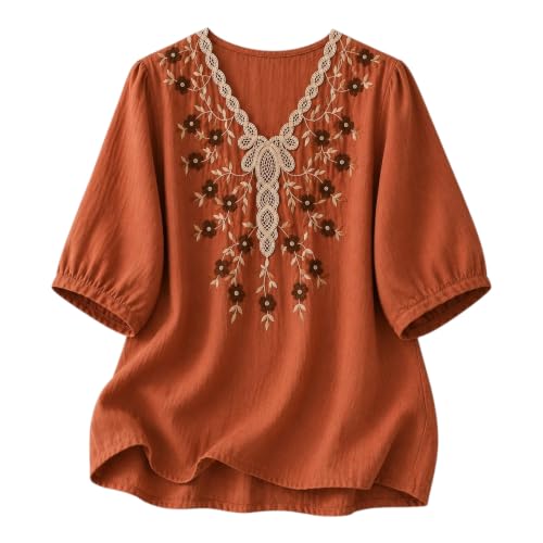 Image of RIEKA Womens Embroidered Korean Style Tunic Top, Floral Thread Work | V Neck | Puff Sleeves | Relaxed Fit Casual | Fusion Rayon Top for Every Day Styling