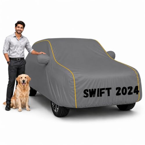 Image of Waterproof Car Cover for Swift 2024 | Soft Cotton Lining Heavy Duty Triple Stitched Heat Resistant Outdoor Cover Comes with Mirror and Antenna Pocket Full Bottom Elastic (Zig Zag Grey)