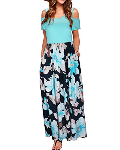 STYLEWORD Women's Summer Cold Shoulder Floral Print Elegant Maxi Long Dress with Pocket(Floral06,M)