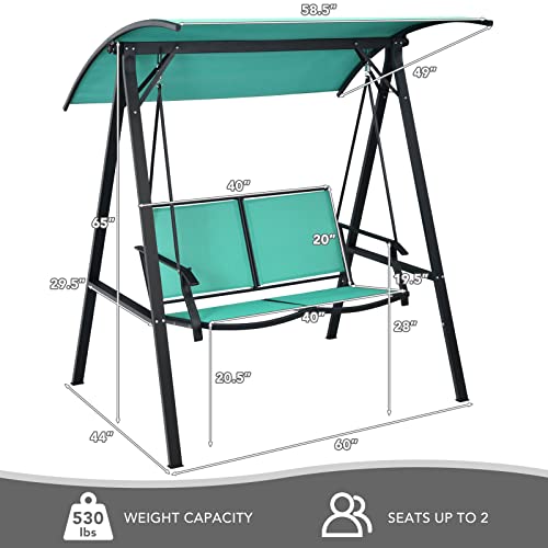 Image of Tangkula 2-Person Patio Swing, Weather Resistant Porch Swing with Adjustable Canopy, Steel Frame, Outdoor Modern Canopy Swing with Handrails, Suitable for Porch Garden Poolside (Green)